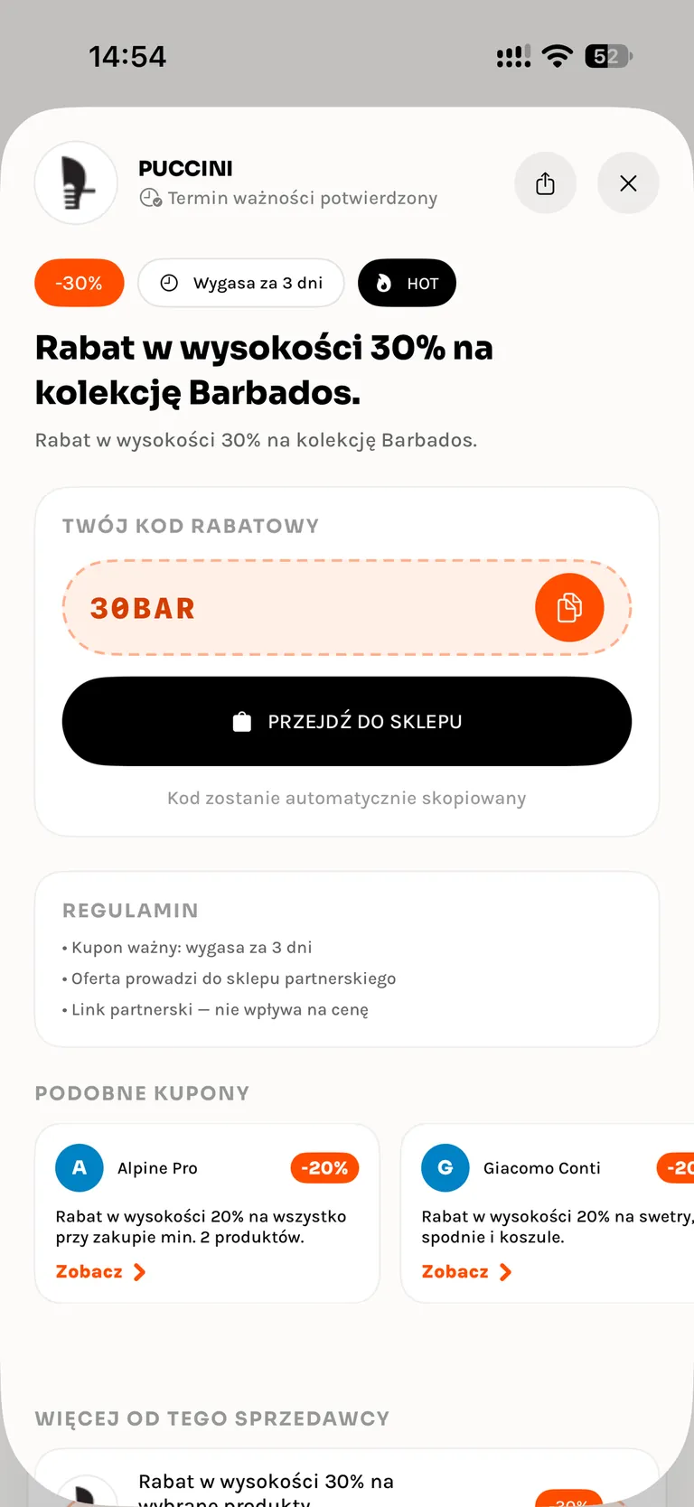 Ekran aplikacji ZnakomiteKupony na iPhone: szczegóły kuponu rabatowego z terminem ważności i przyciskiem Przejdź do sklepu